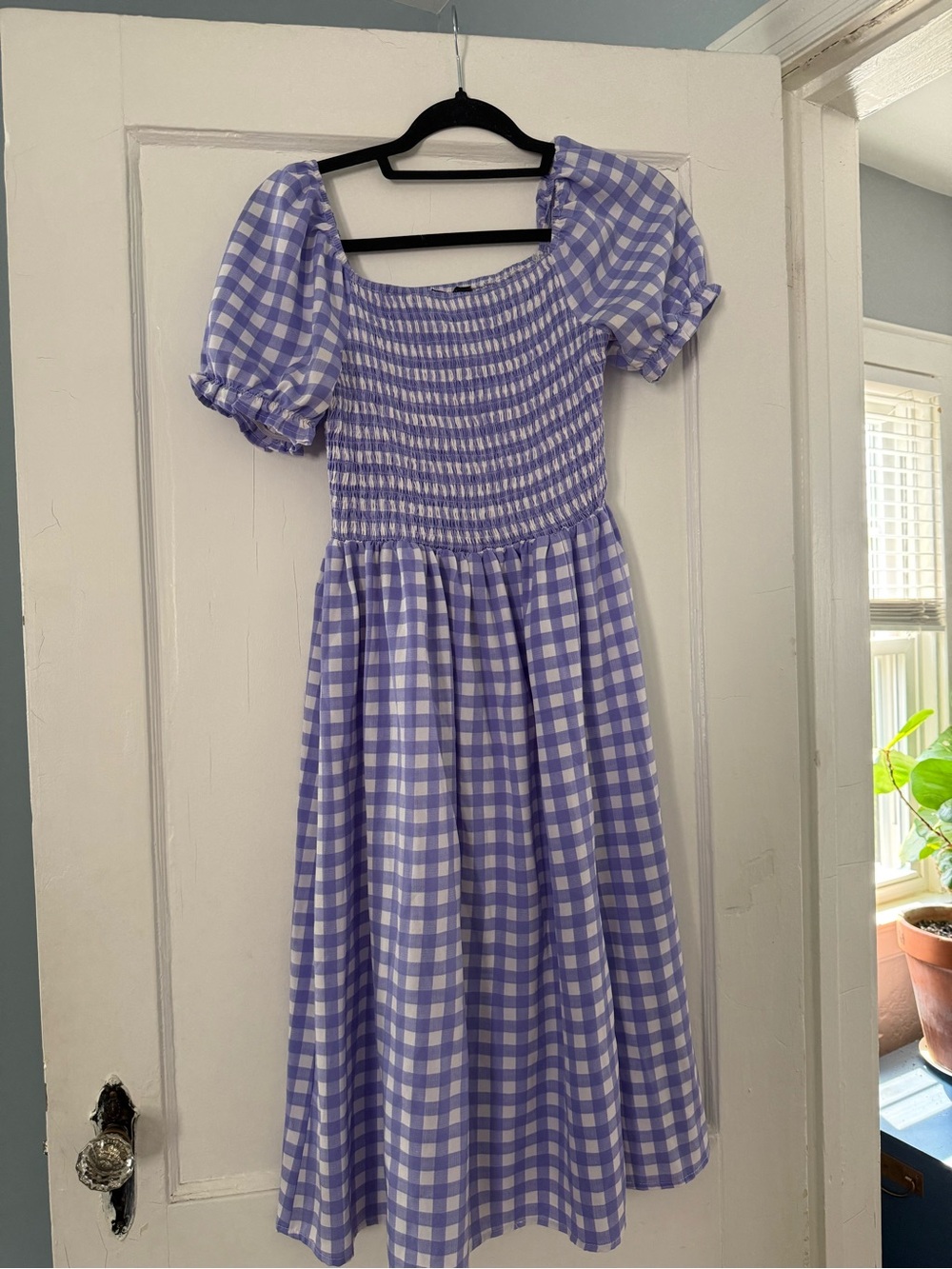 Lavender Gingham Puff-Sleeve Midi Dress